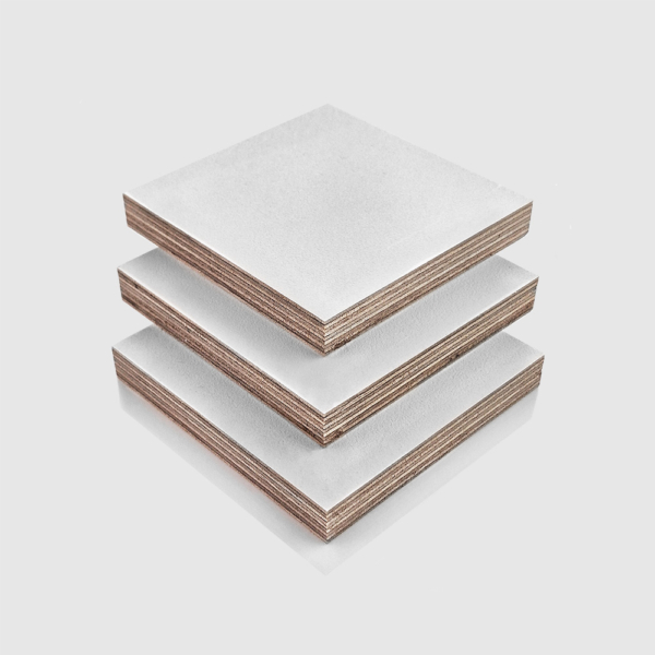 12mm White PP Faced Plywood (WISA Multiwall) sheets stacked on top of each other, in an orderly arrangement.