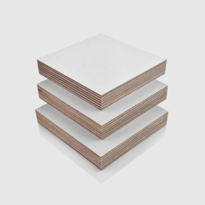 18mm White PP Faced Plywood (WISA Multiwall) sheets stacked on top of each other, in an orderly arrangement.