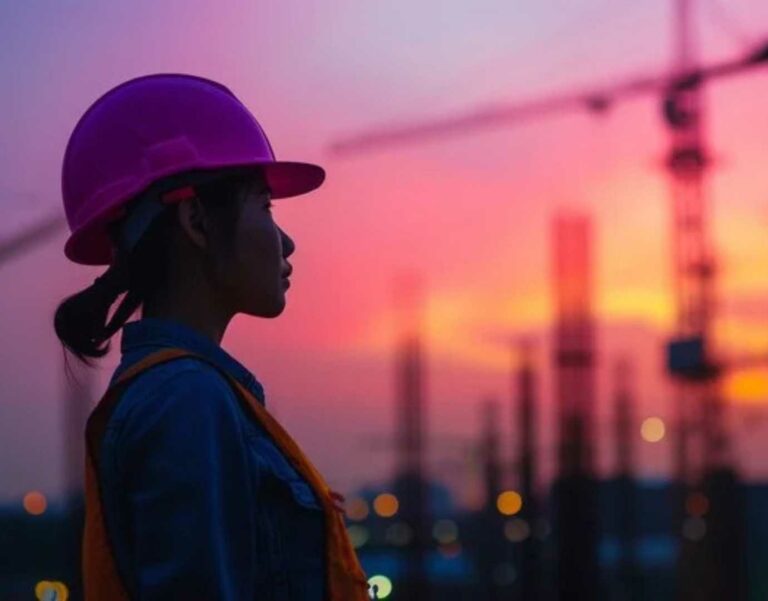 A woman construction worker with a crane in the background and a pink sunset.