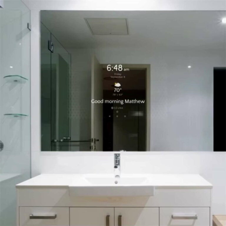 A digital two way mirror in a bathroom.