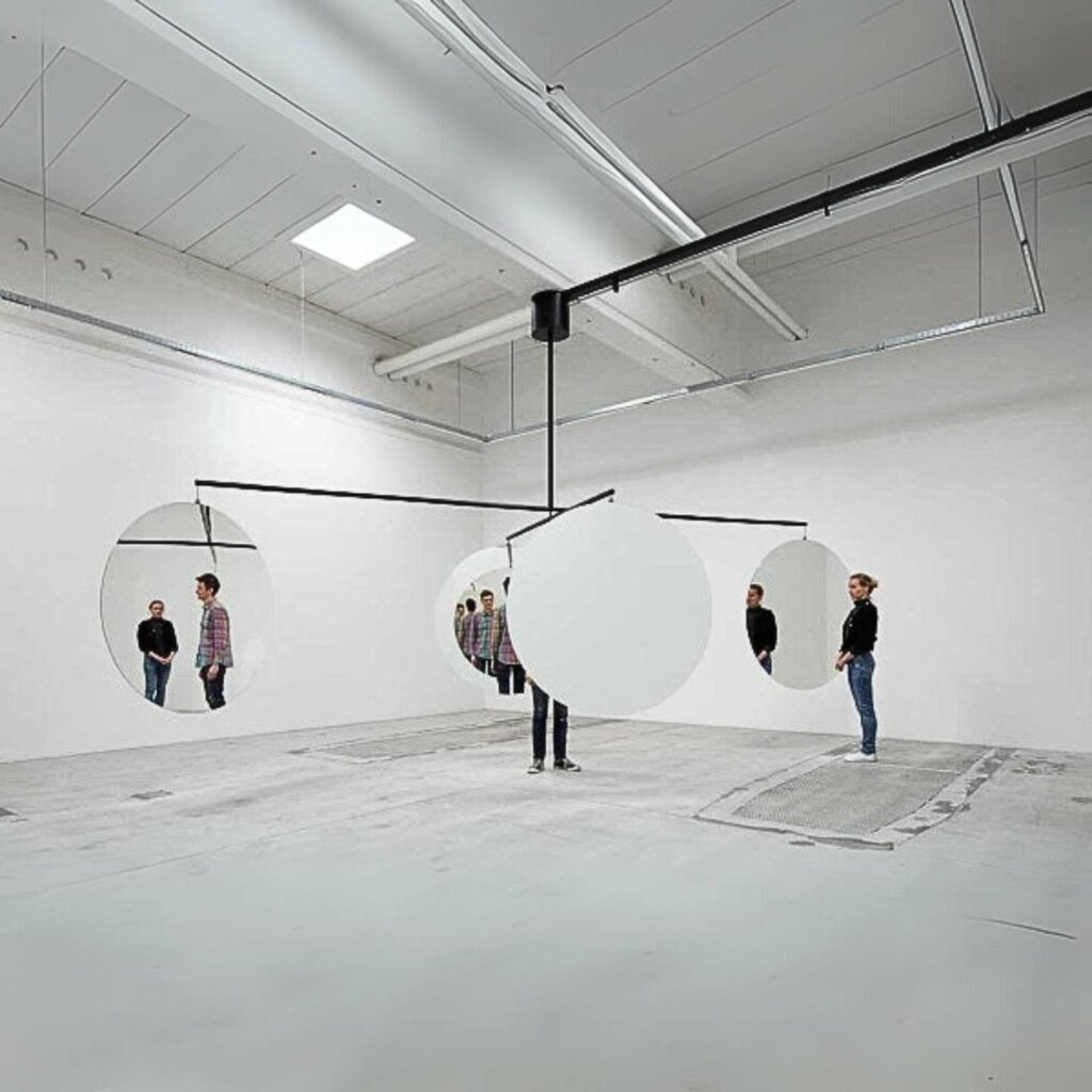 A two way mirror mobile in an exhibition with people stood around it.