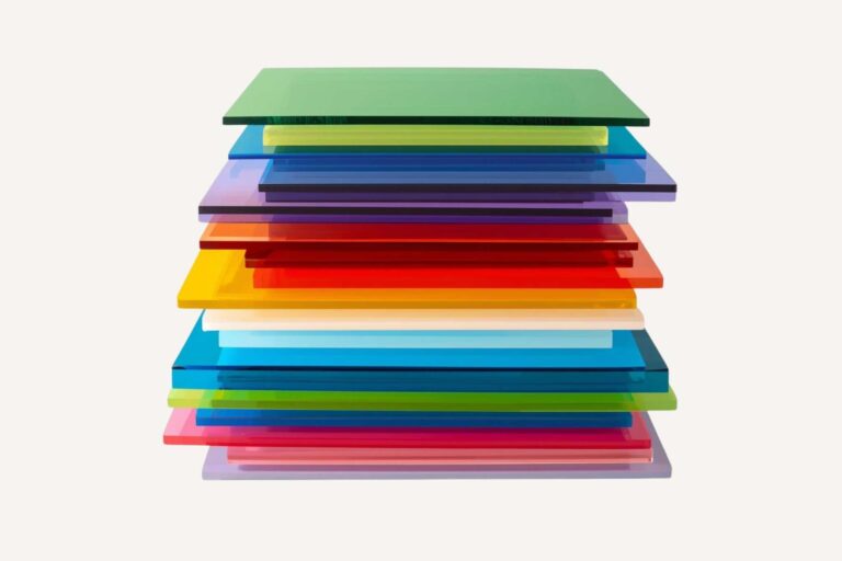 A stack of different coloured acrylic sheets of different thicknesses.