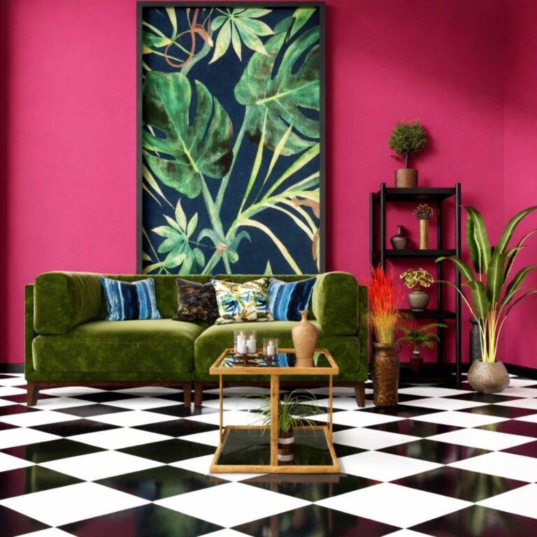 A living room with a bright pink wall, a feature wall panel with a leaf design and a black and white checkered flooring.