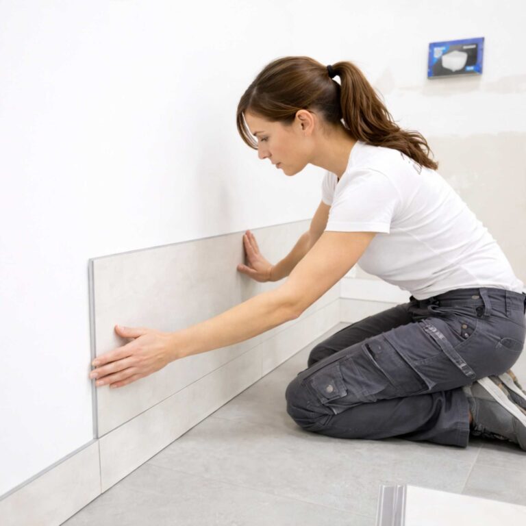 A woman knelt down installing some wall paneling in a bathroom.