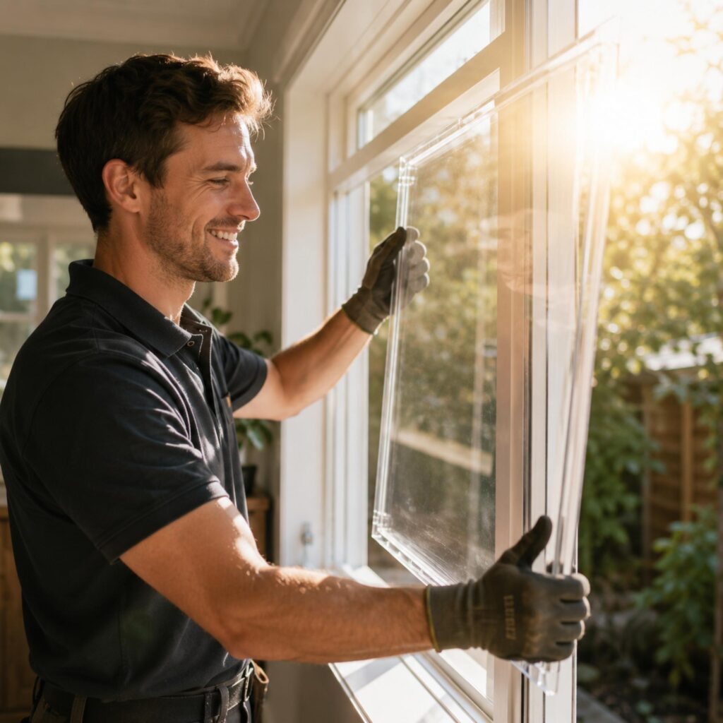 A man installing acrylic into a window frame.
