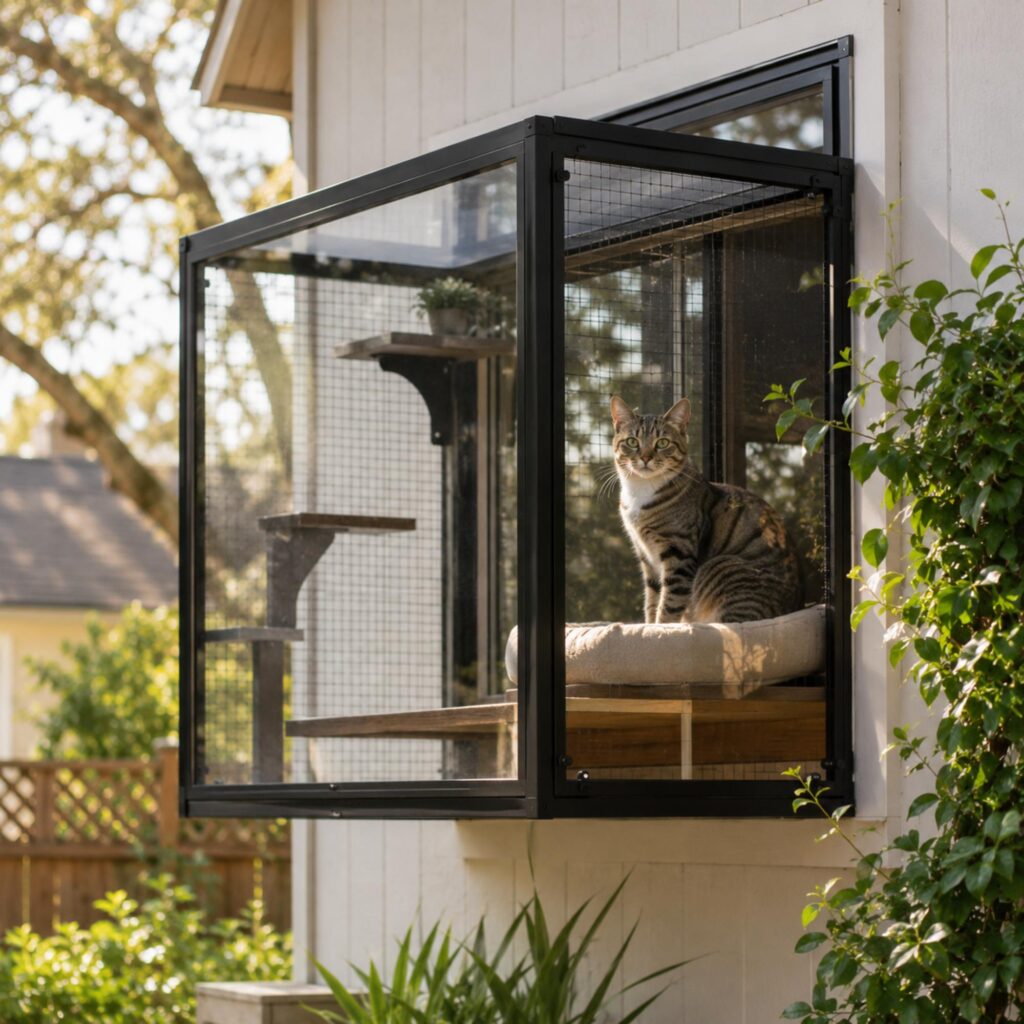 An outside area on a window ledge, with a cat sat on the ledge looking into the garden.