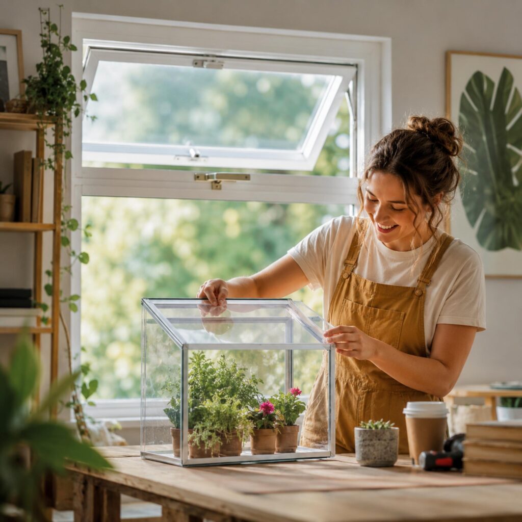 A woman smiling in a home studio with a plant-filled workspace.