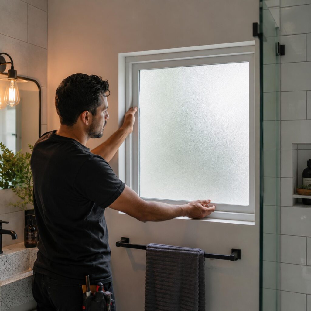 A man installing frosted window in a bathroom.
