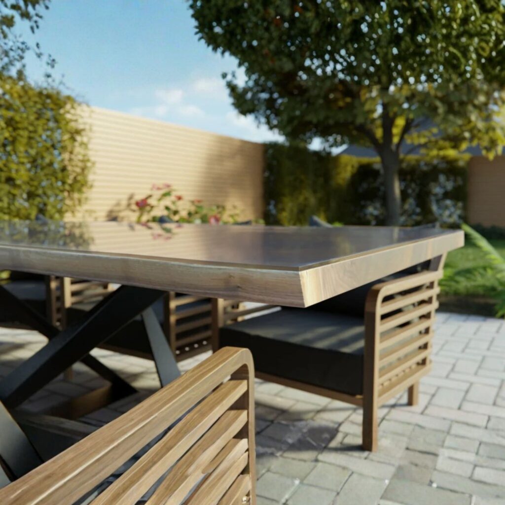 Close up of a table corner in a patio area.