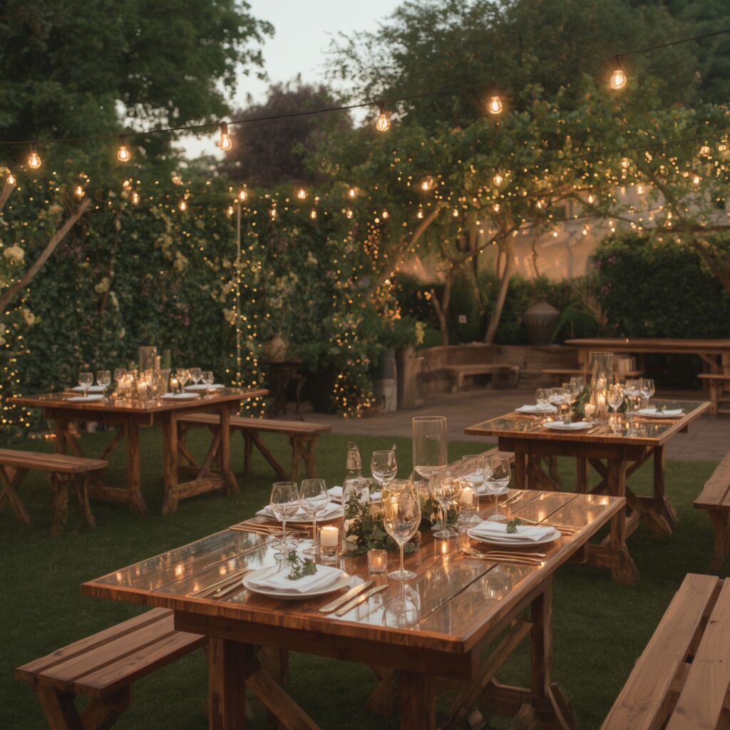A garden with fairy lights and benches with acrylic tabletops.