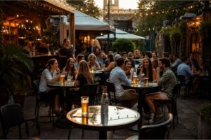 People sat outside in a beer garden smiling and socialising, sat at tables with acrylic tabletops.